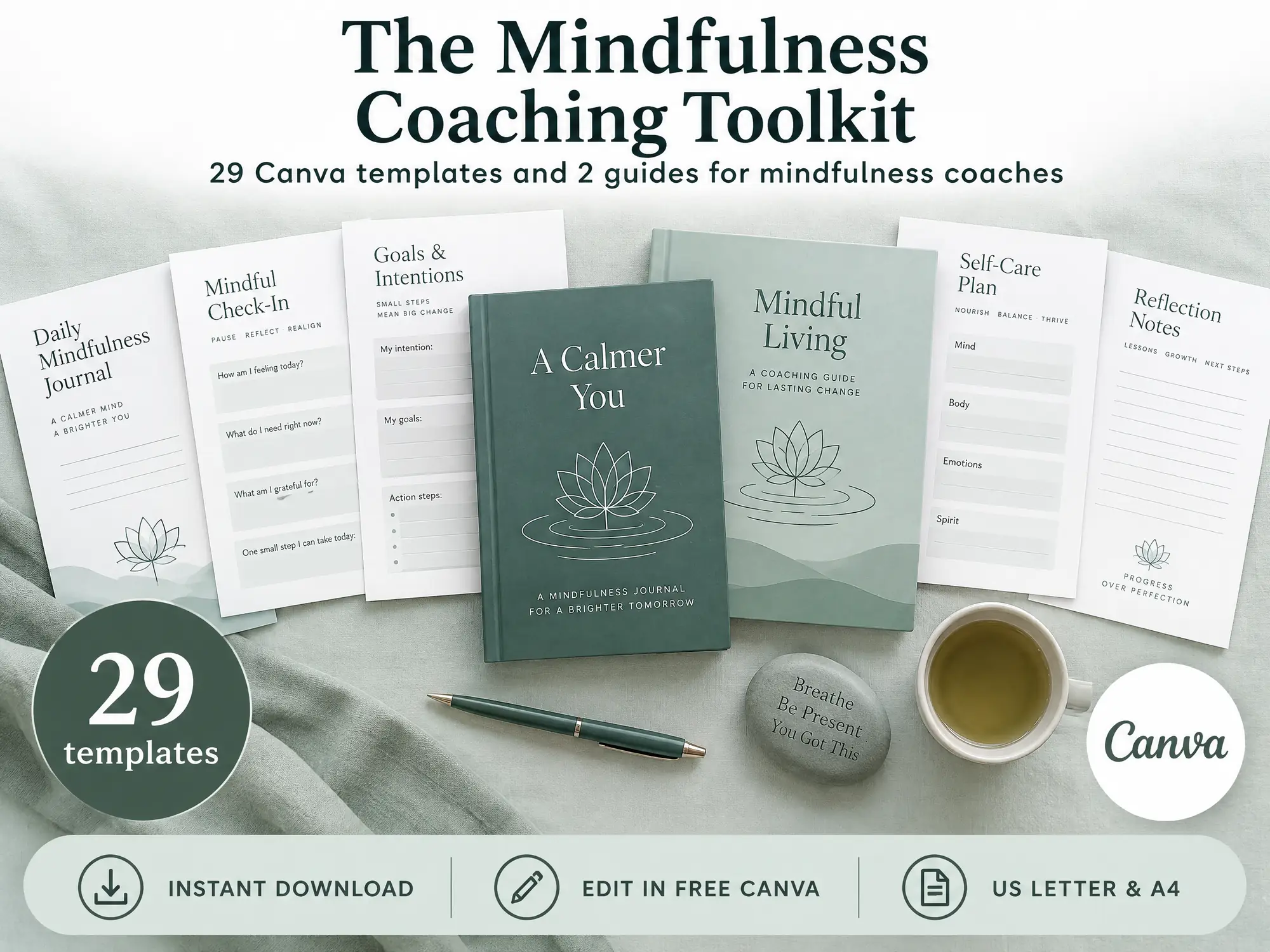 The Mindfulness Coaching Toolkit, 29 Canva templates and 2 guides for mindfulness coaches